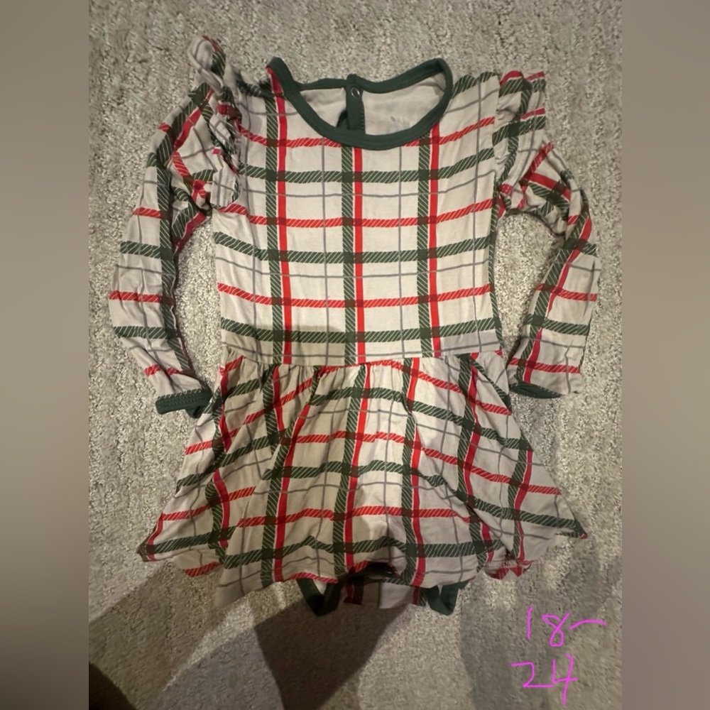 Kyte Baby EUC Hunter Plaid Long Sleeve Twirl Bodysuit Dress 18-24 Months
